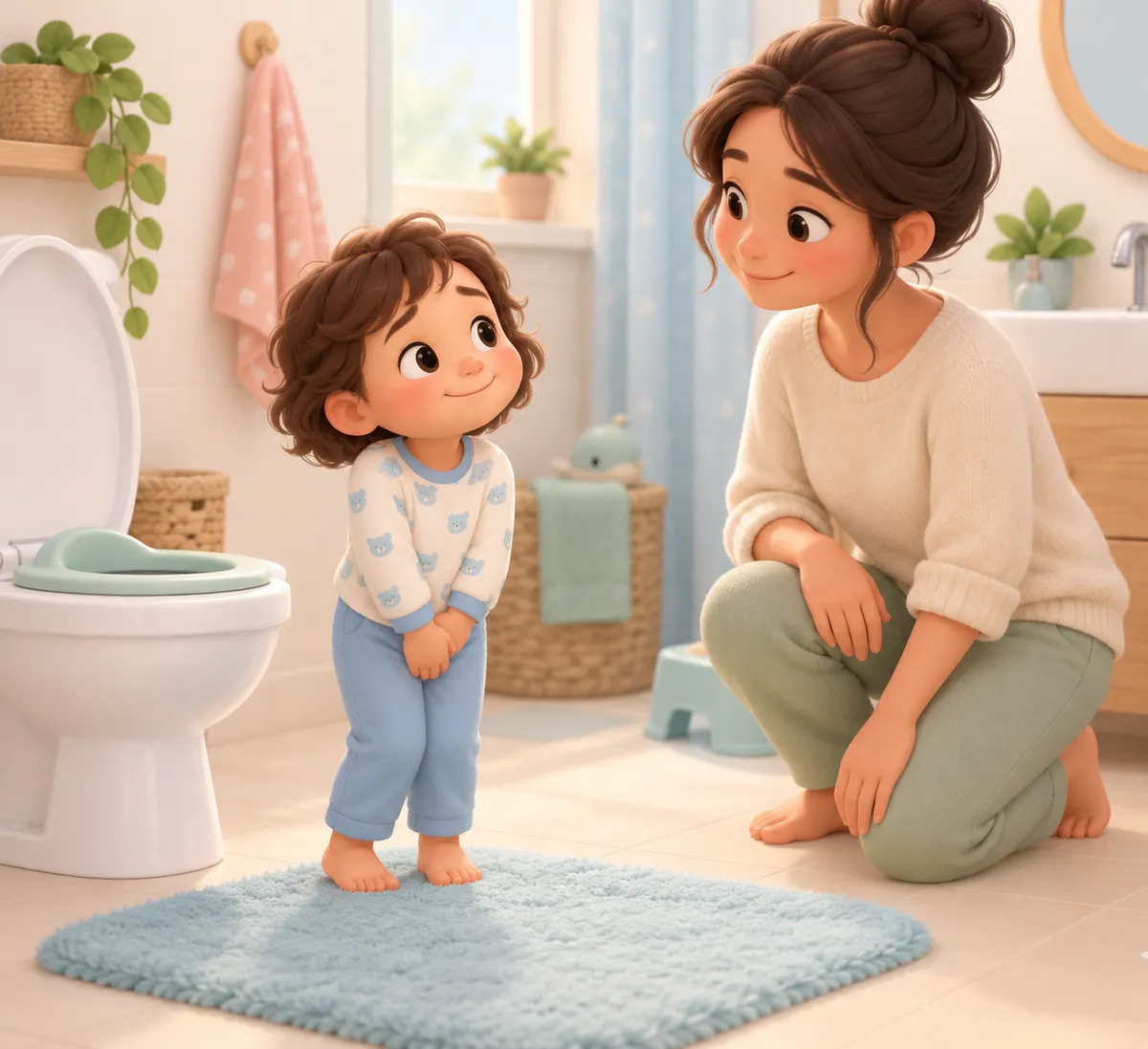 Dans la salle de bains, un enfant se tient près des toilettes et du pot face à sa mère agenouillée