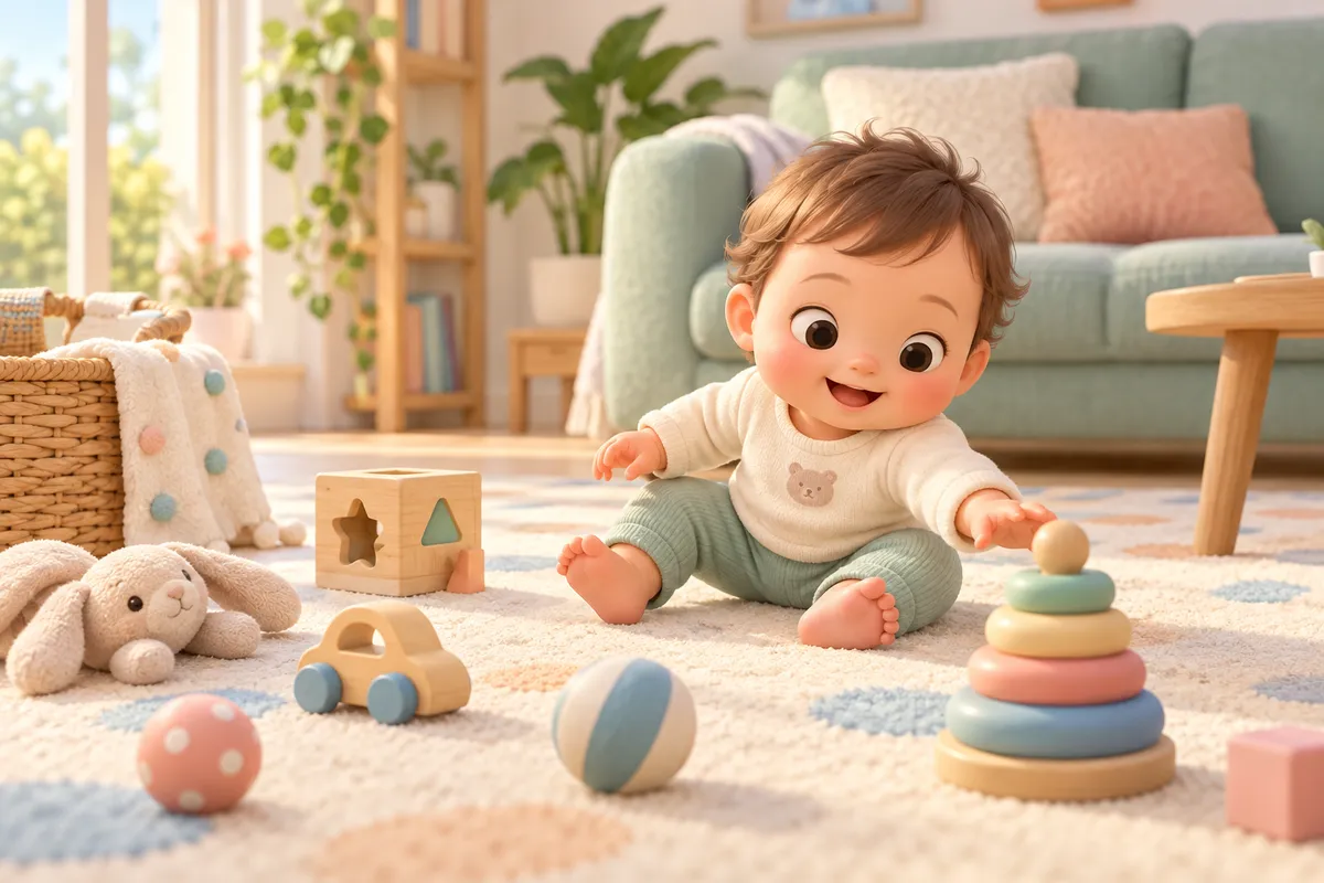 Bébé assis sur un tapis, entouré de jouets, tend la main vers une pyramide d’anneaux colorés