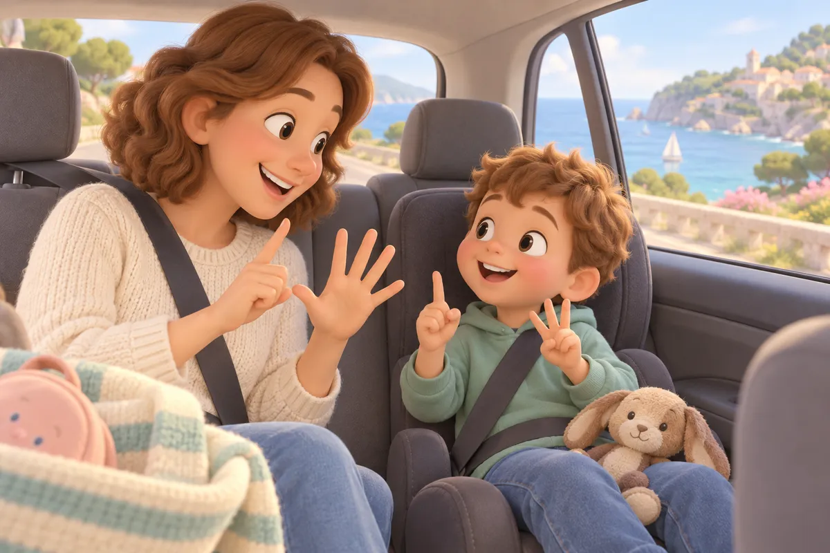 Une mère et son enfant échangent des gestes dans une voiture, avec un doudou et la mer en arrière-plan