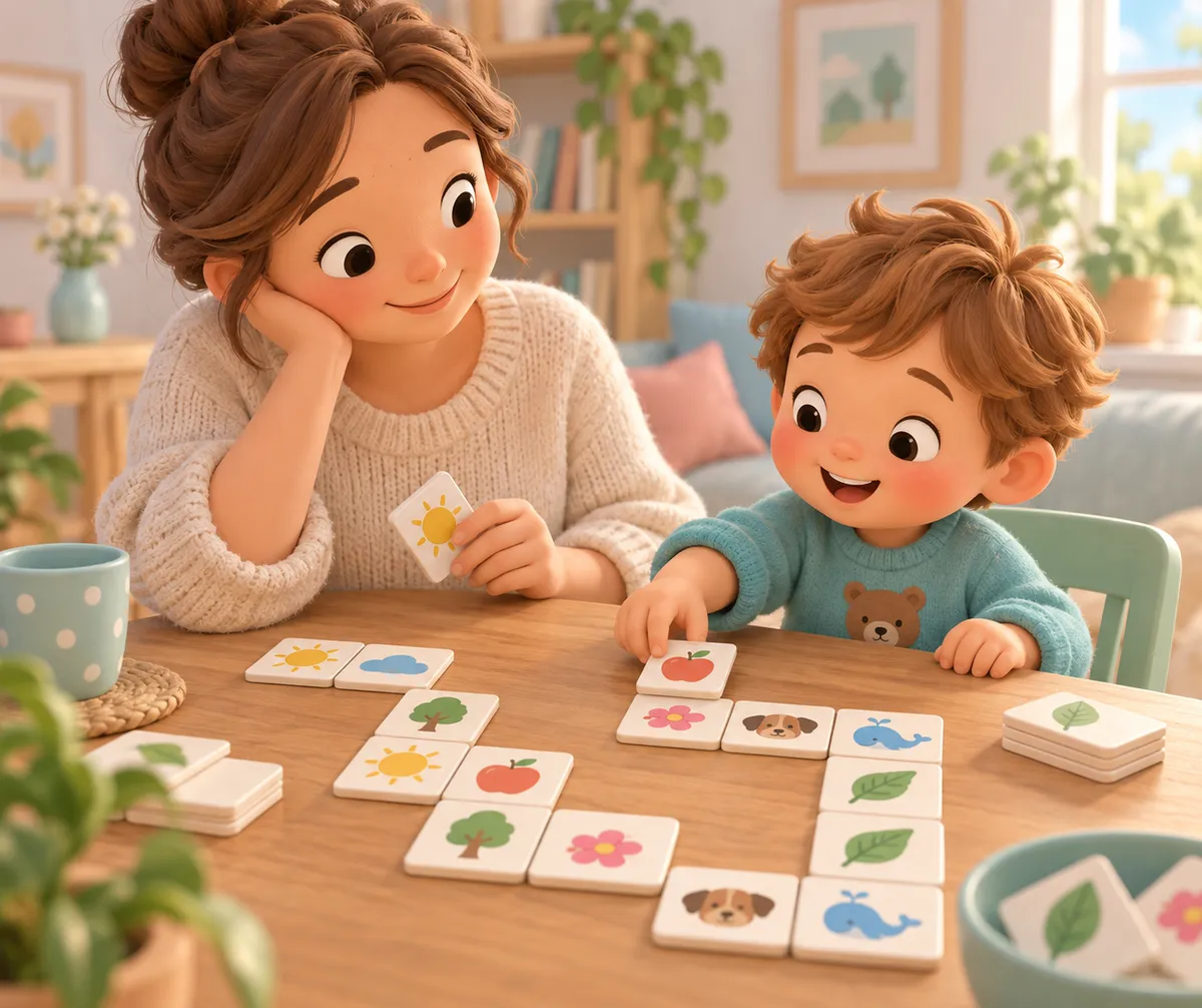 Une femme et un jeune enfant jouent avec des dominos illustrés de fruits, de fleurs et d’animaux sur une table