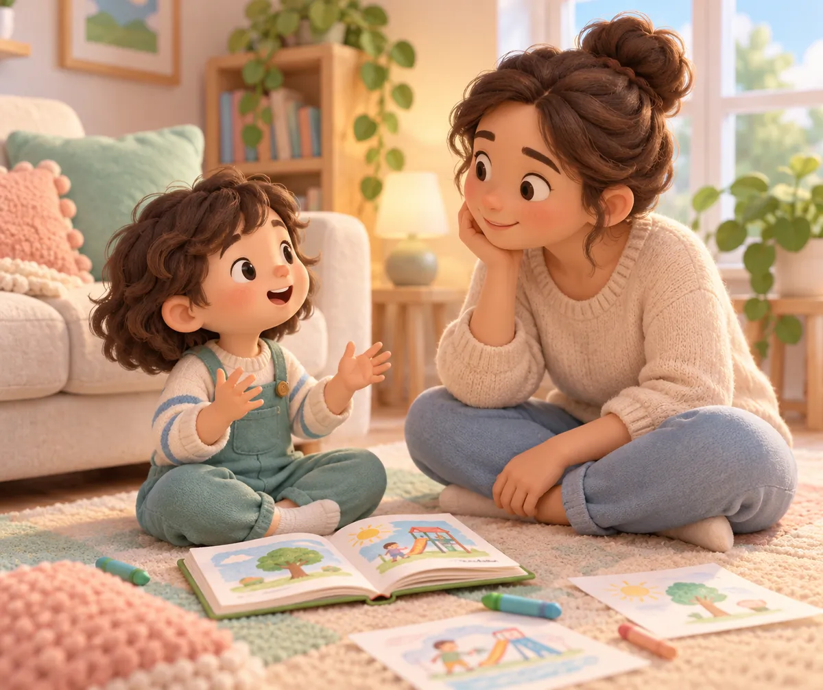 Une mère écoute son enfant qui parle, assis face à face sur un tapis entourés de livres et de dessins