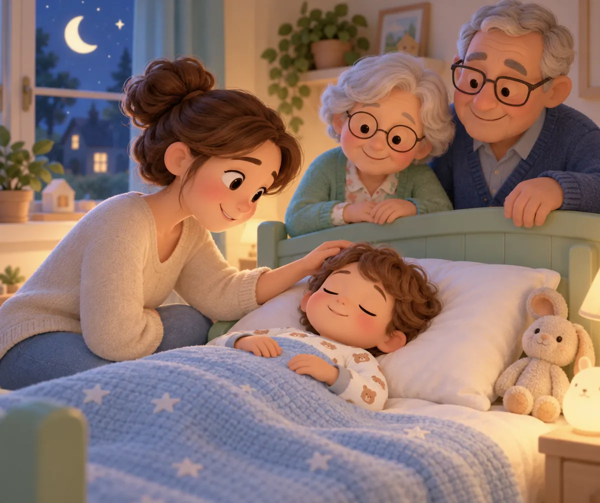 Une mère borde un enfant endormi dans un lit sous le regard de ses grands-parents