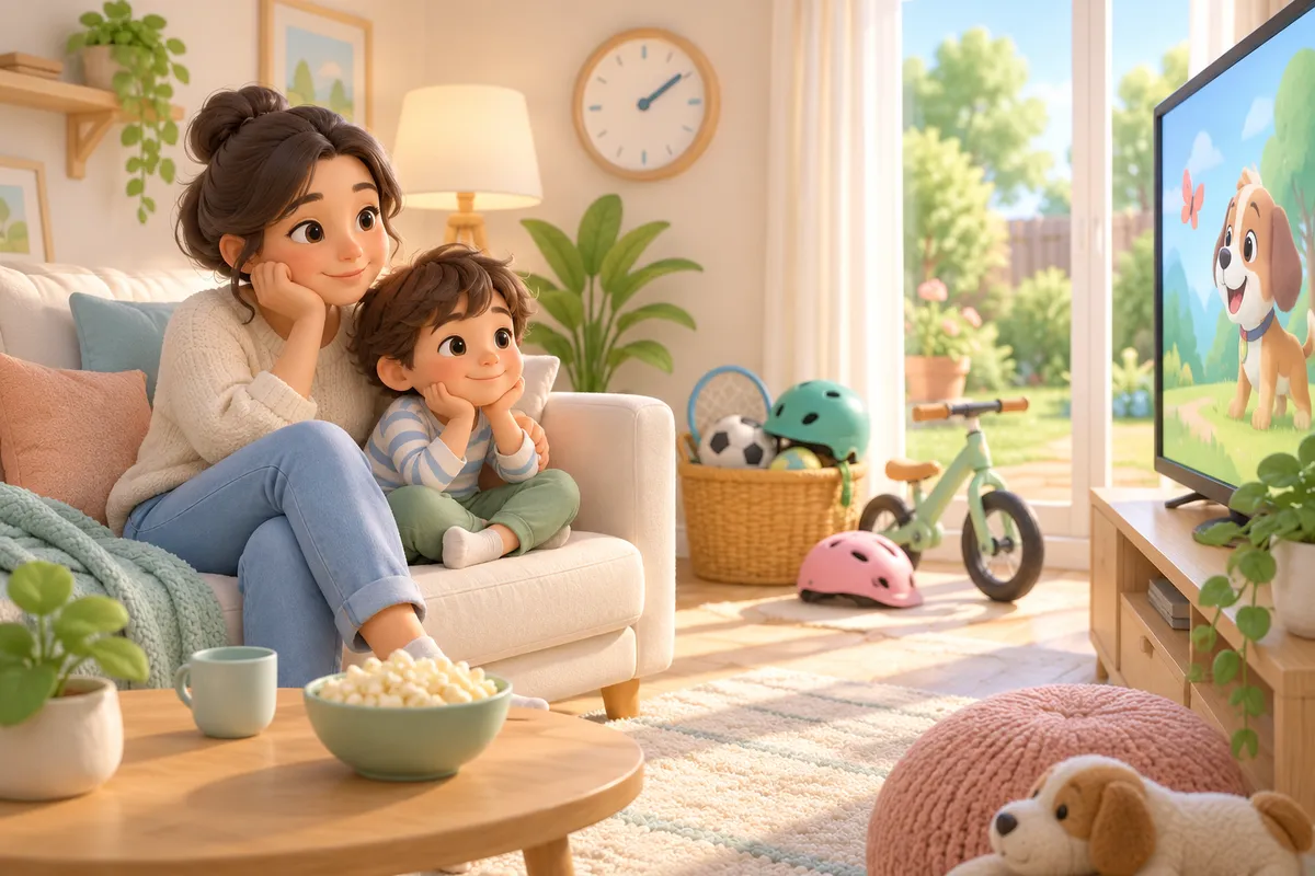 Une mère et son enfant regardent la télévision sur un canapé, avec un bol de pop-corn dans le salon
