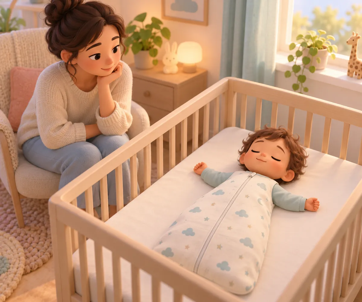 Une femme observe un jeune enfant endormi dans un lit à barreaux, emmailloté sous une couverture à motifs