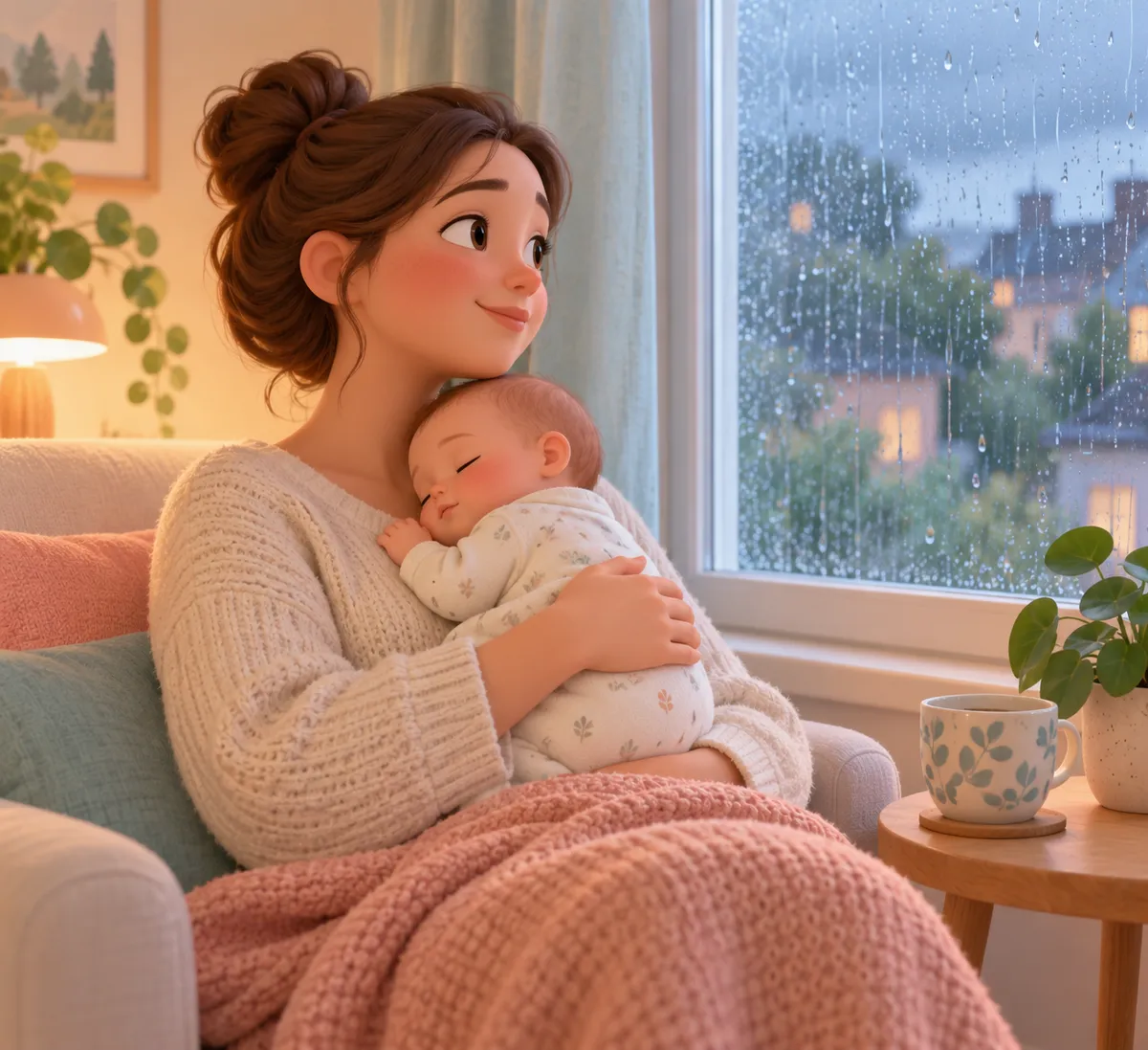 Une femme tient un bébé endormi contre elle dans un fauteuil, près d’une fenêtre couverte de pluie