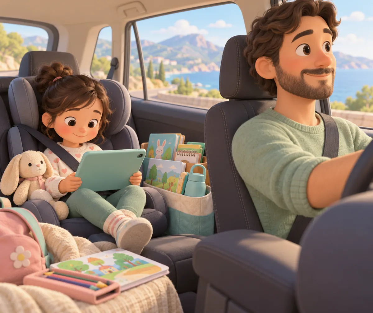 Un parent conduit tandis qu’une enfant attachée consulte une tablette, entourée de jouets, dans une voiture
