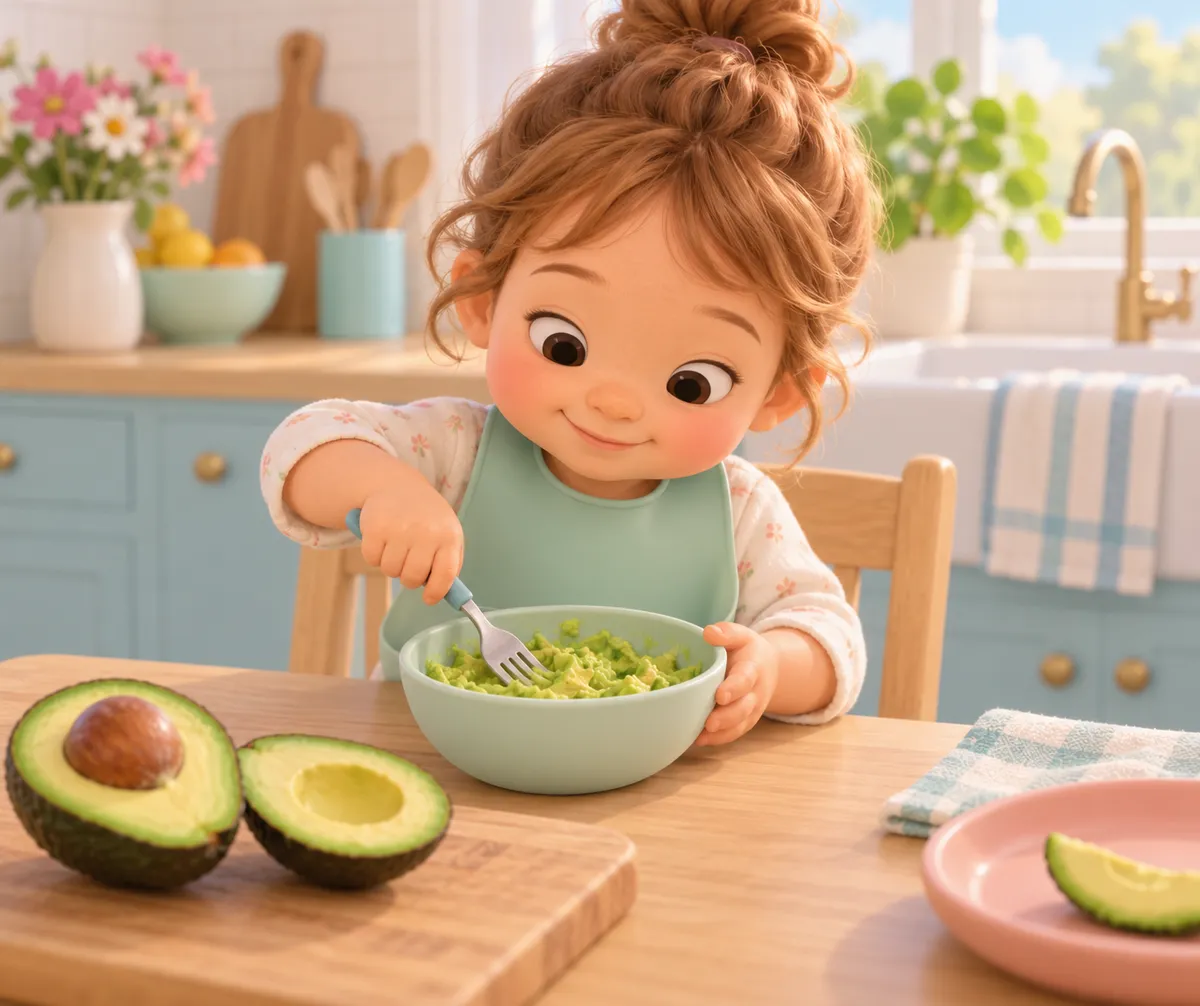 Un enfant assis dans une cuisine écrase de l’avocat avec une fourchette dans un bol