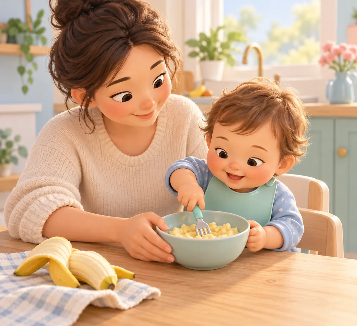 Un bébé écrase de la banane à la fourchette dans un bol, aidé par une femme en cuisine