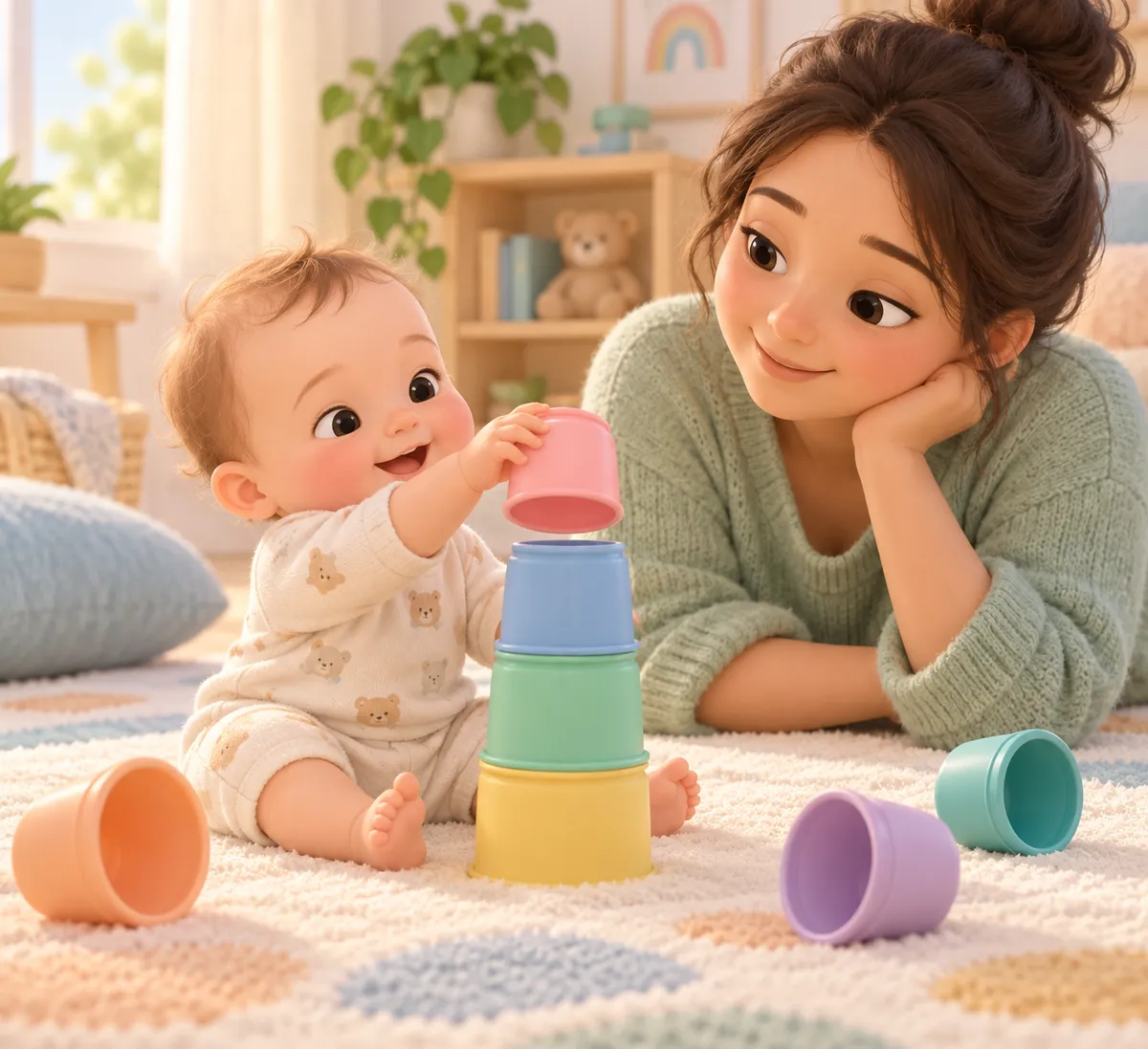 Un bébé empile des gobelets souples colorés sous le regard d’une adulte dans une chambre