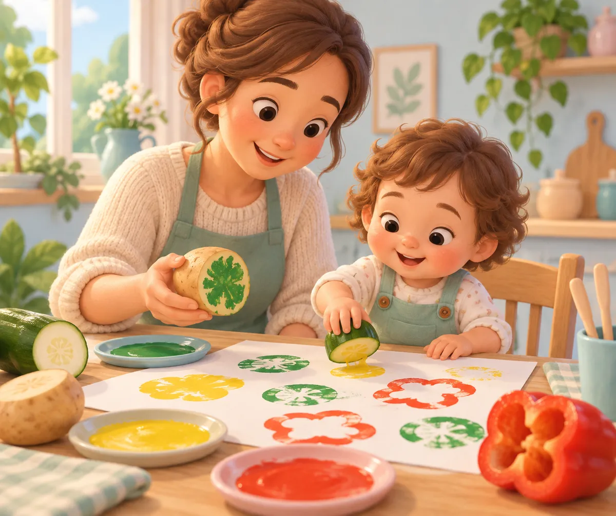Une mère et un jeune enfant réalisent des empreintes de légumes peintes sur une feuille, à la table