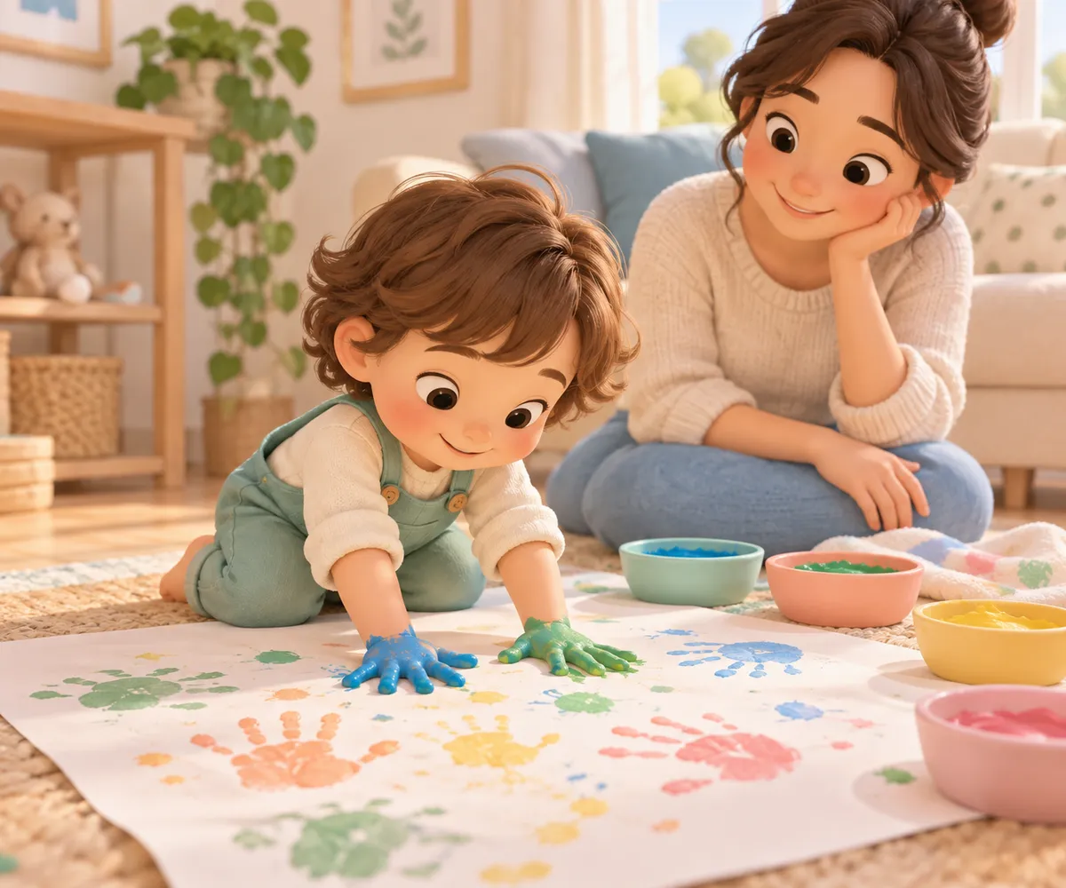Un enfant pose ses mains peintes sur une grande feuille, sous le regard d’une adulte