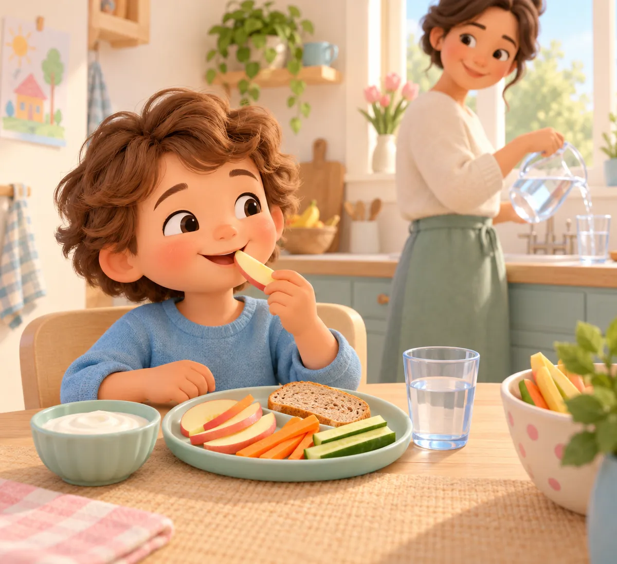Dans la cuisine, un enfant mange une tranche de pomme, entouré de crudités, de pain et d’un verre d’eau