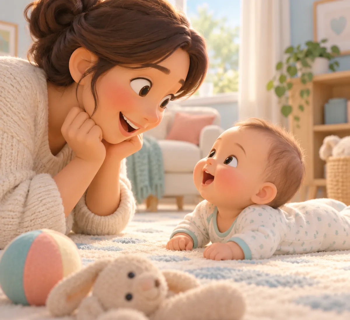 Une femme sourit à son bébé allongé sur le ventre, qui lui répond dans un salon avec un jouet au premier plan
