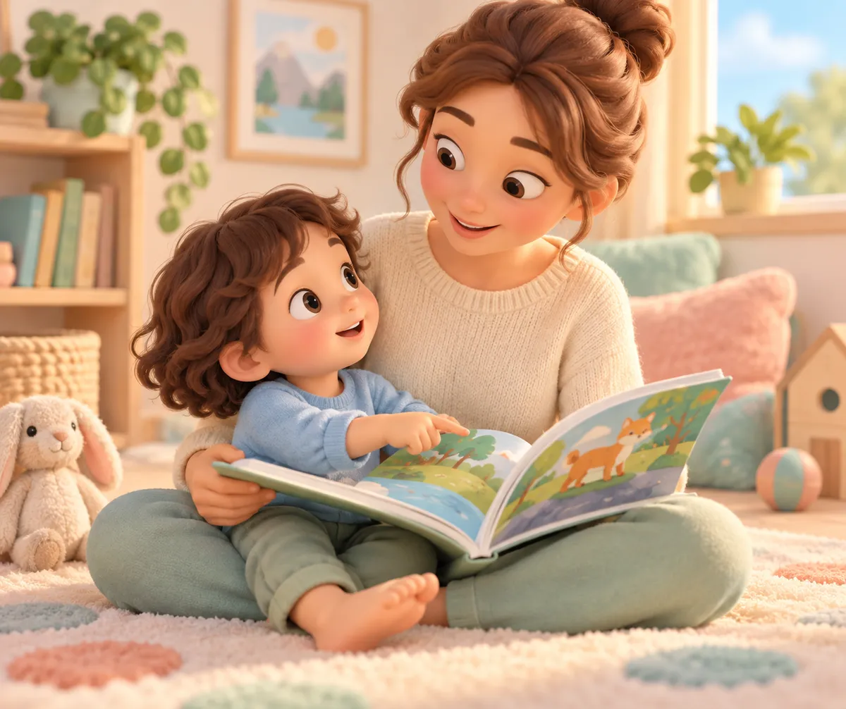 Une mère lit un livre illustré avec son enfant qui le montre, assis sur ses genoux dans le salon