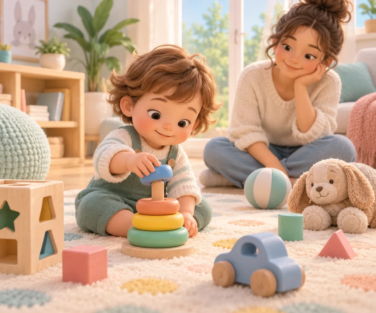 Un jeune enfant empile des anneaux colorés tandis qu’un adulte l’observe parmi des jouets