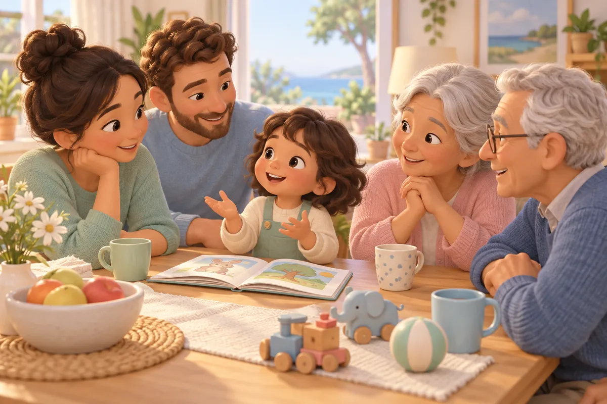 Une famille réunie autour d’une table écoute une petite fille qui parle, entre livres et jouets