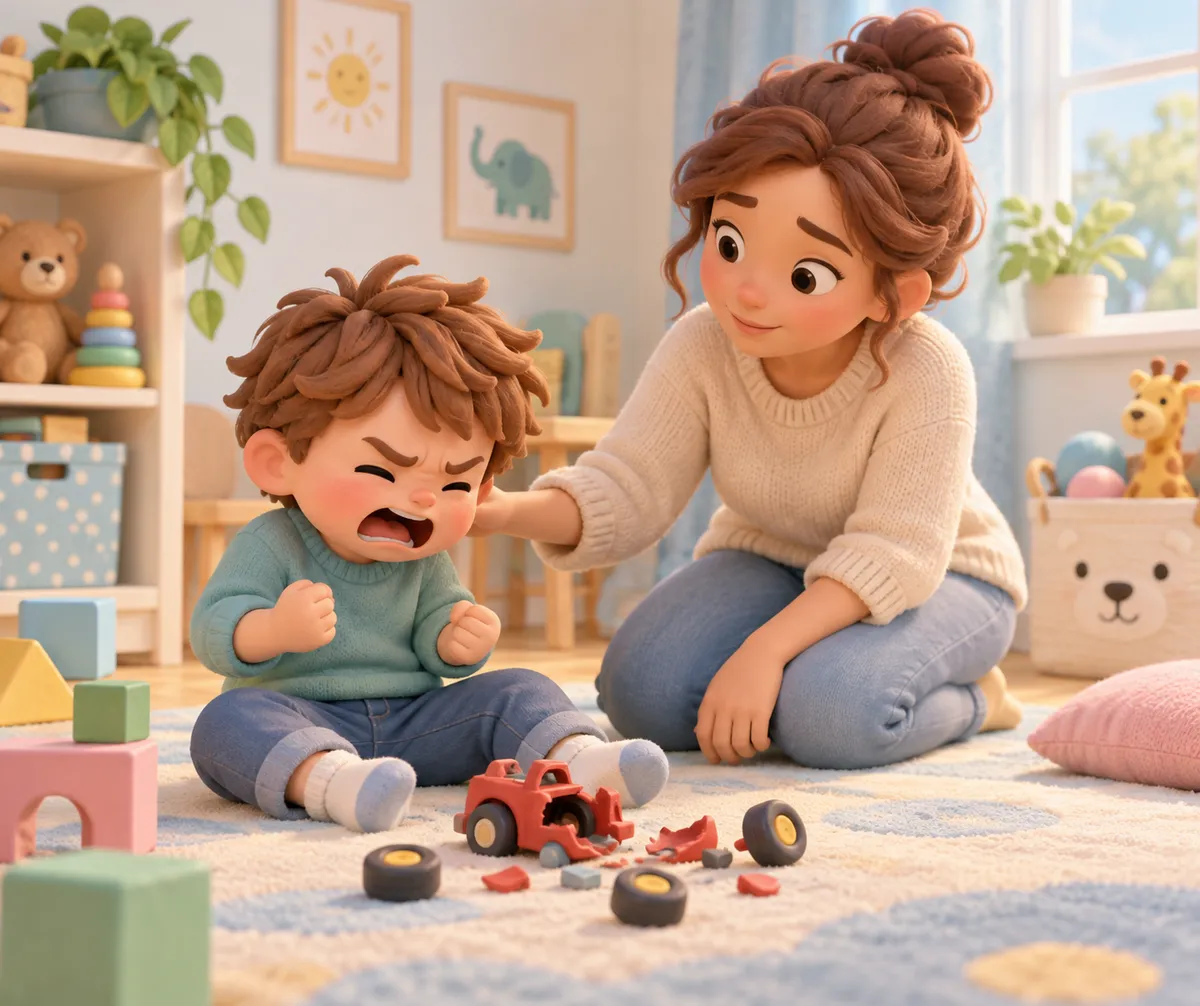 Un enfant en colère est assis près d’un camion rouge cassé, tandis qu’une femme tente de le calmer