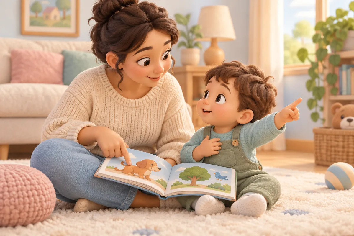 Une mère lit un livre illustré avec son jeune enfant, qui le regarde et montre quelque chose du doigt dans le salon