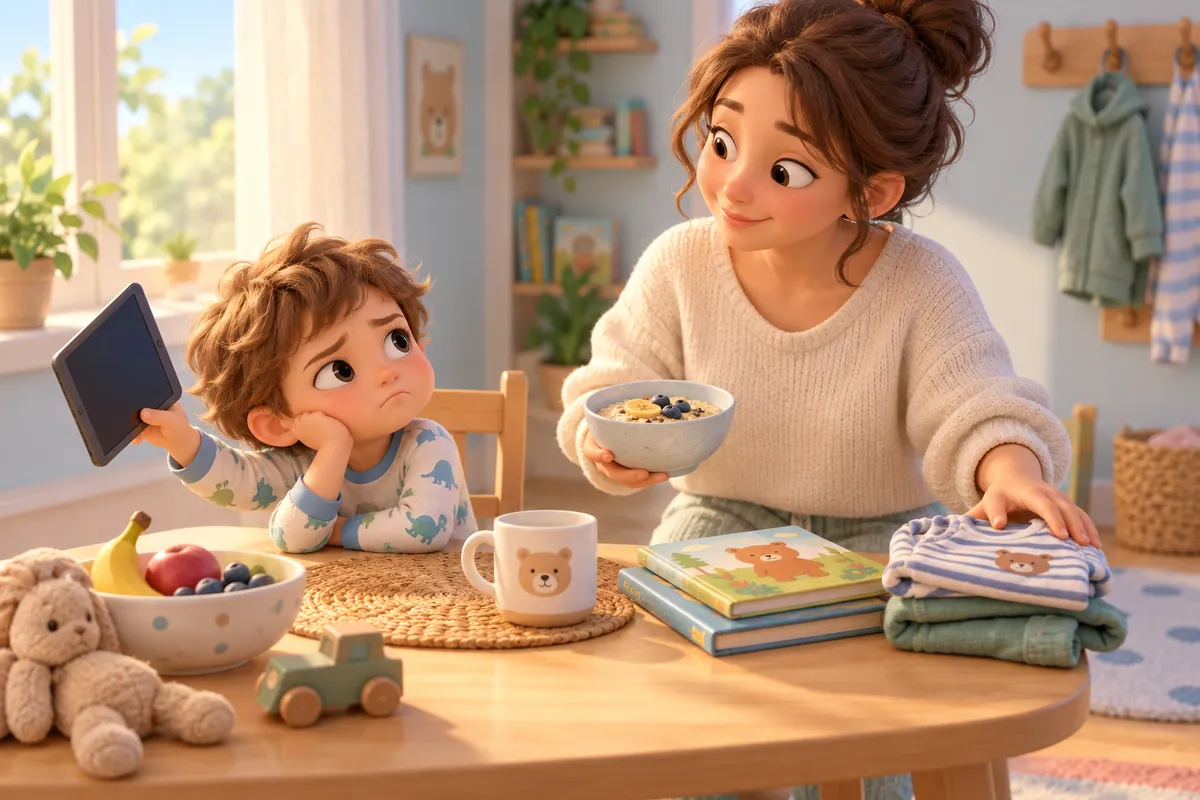 Une mère sert un bol à son enfant qui tient une tablette au petit déjeuner dans la cuisine