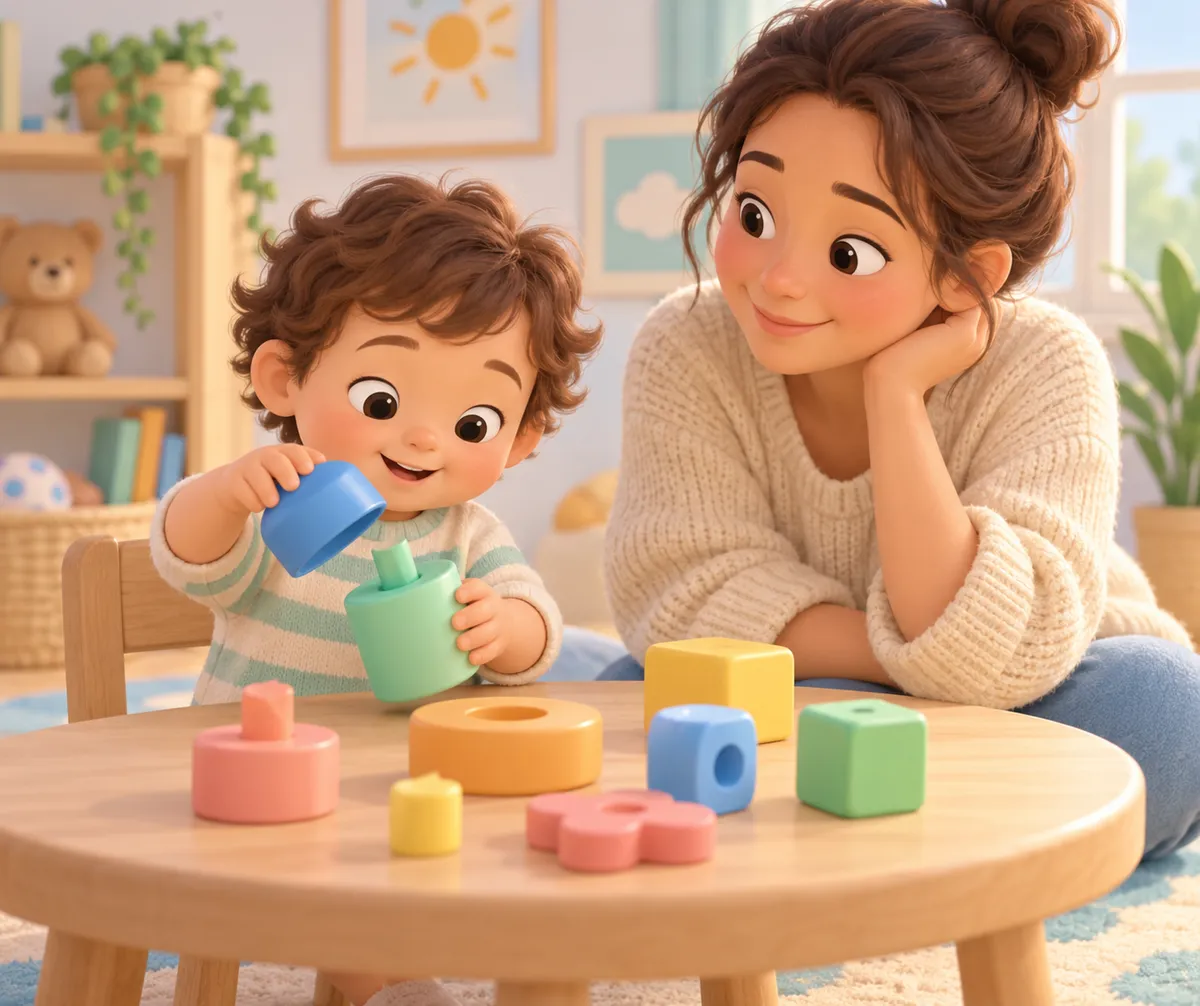 Un jeune enfant manipule un jouet coloré sous le regard attentif de sa mère, entouré de cubes sur une table