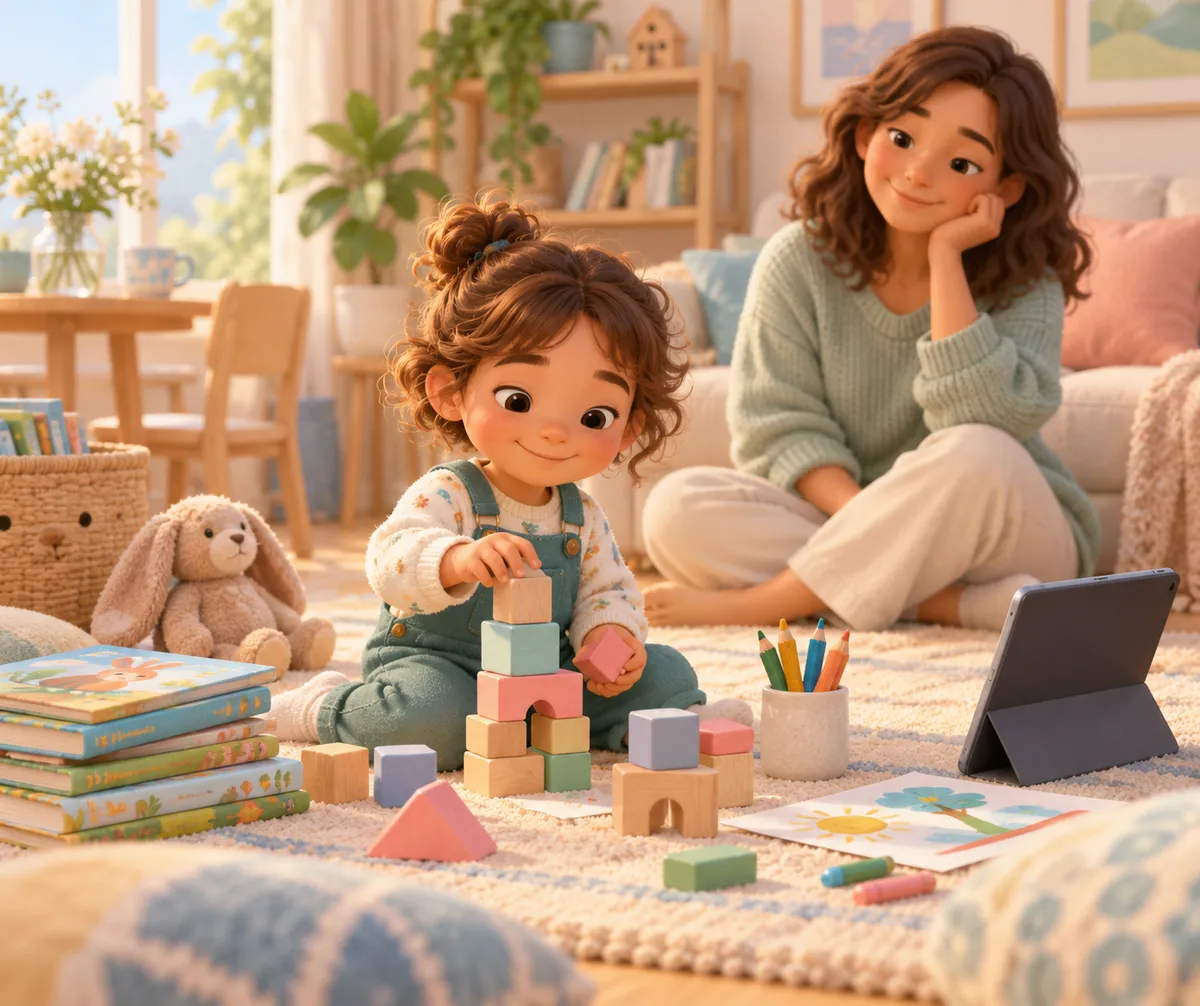 Une mère observe son enfant qui empile des cubes sur un tapis, entouré de livres, crayons et d’une tablette