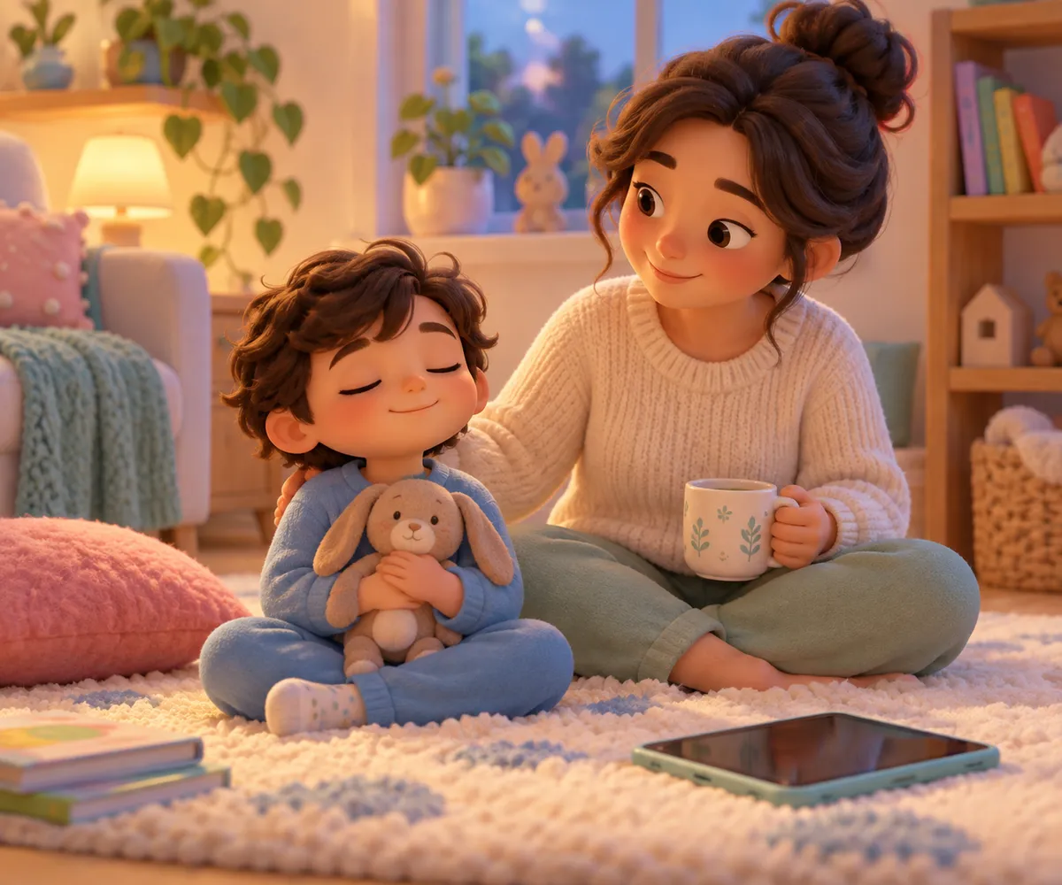 Une femme assise près d’un enfant souriant qui serre un doudou, avec une tablette posée au sol