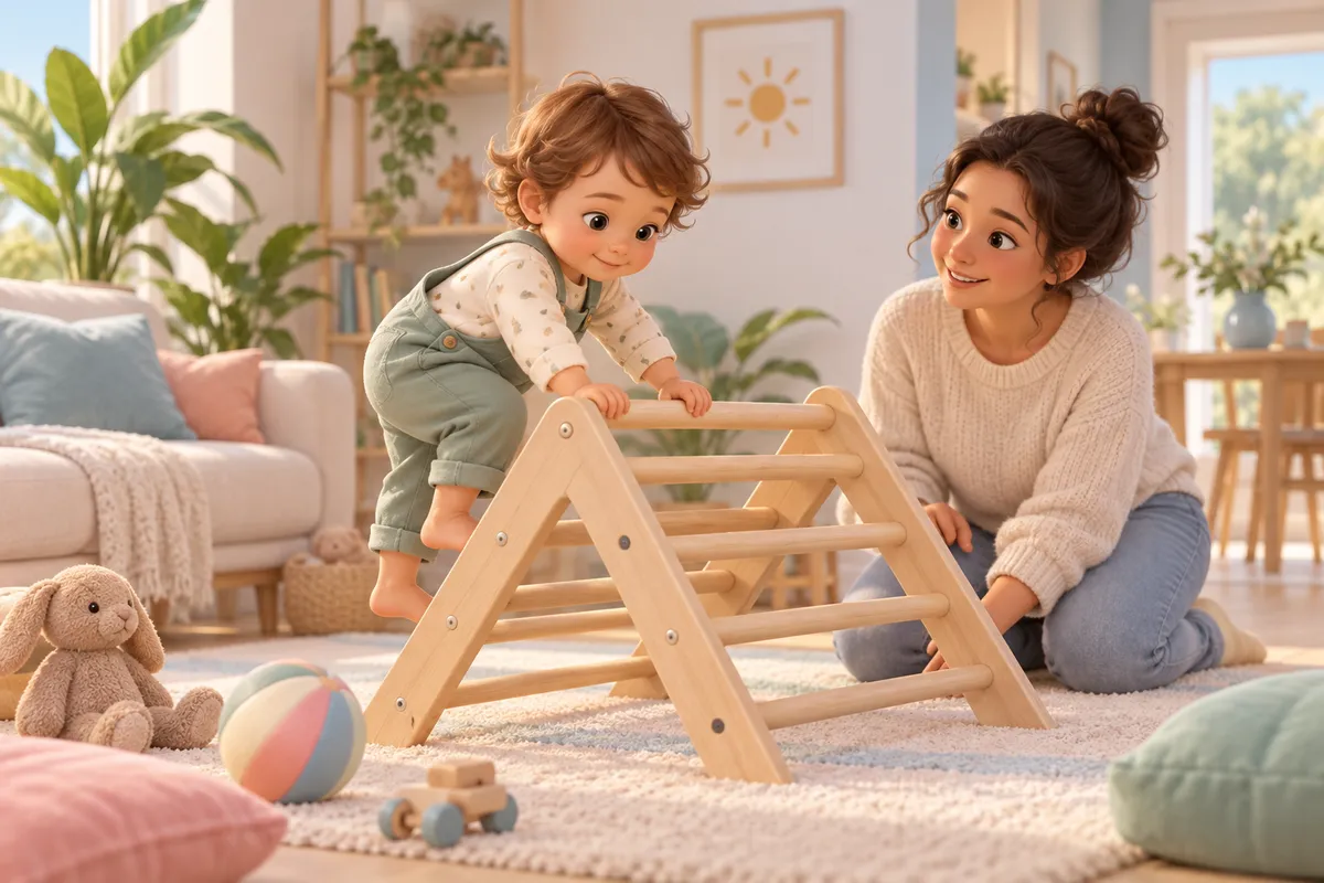 Un jeune enfant grimpe sur une structure en bois tandis que sa mère l’accompagne dans le salon