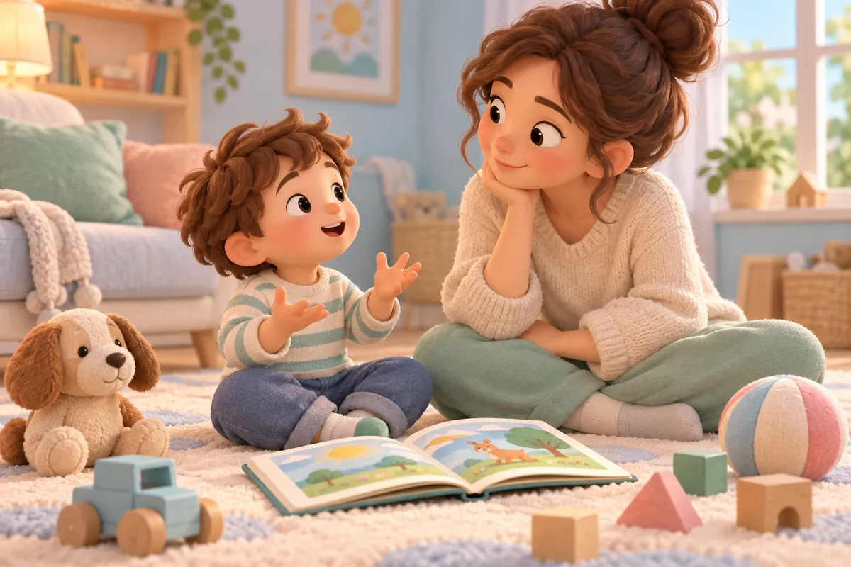 Un enfant parle en gesticulant devant sa mère, assis près d’un livre ouvert et de jouets dans le salon
