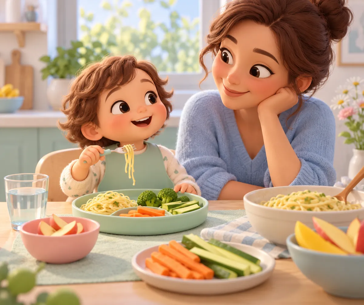 Un enfant mange des nouilles tandis qu’une mère l’observe, entourés de légumes et de fruits à table