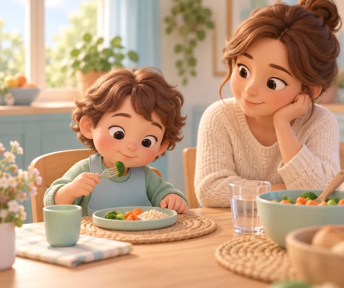 Un enfant mange un morceau de brocoli à table, sous le regard attentif d’un parent