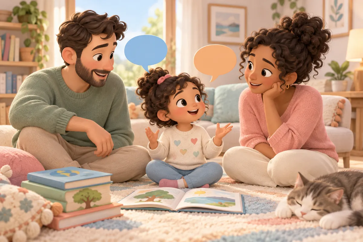Deux parents écoutent leur enfant parler dans un salon, entourés de livres ouverts et d’un chat
