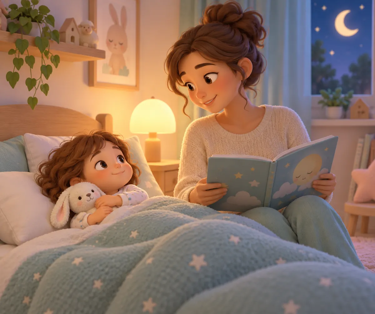 Une mère lit une histoire à son enfant au lit, sous une couverture étoilée, avec son doudou