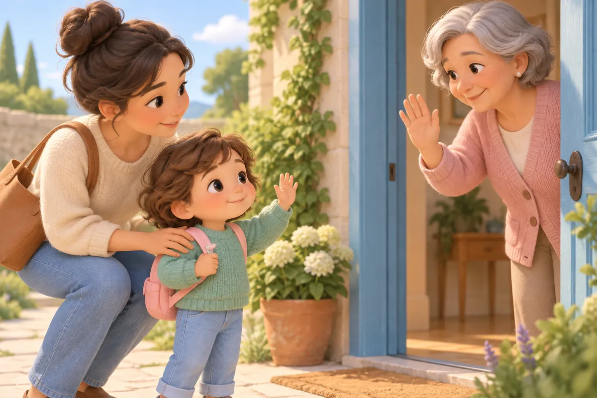 Une mère accompagne son enfant qui salue une femme âgée sur le seuil d’une maison