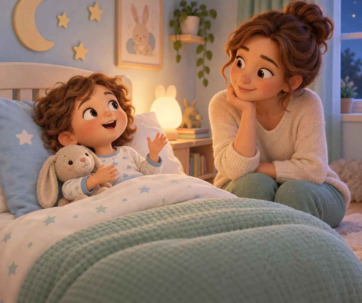 Un enfant assis dans son lit parle à sa mère, avec un lapin en peluche sous une couverture étoilée