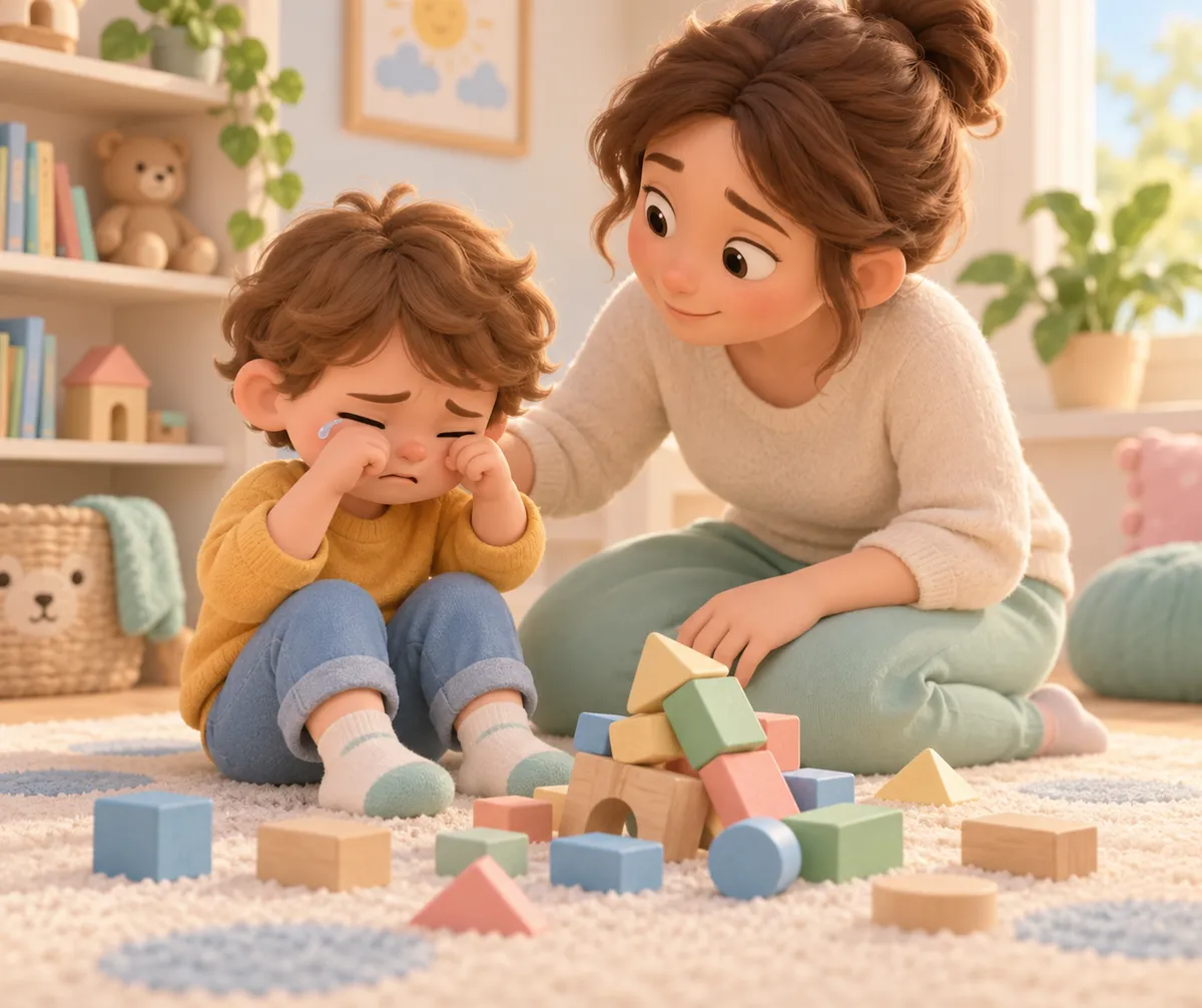 Une femme réconforte un enfant en pleurs près de cubes en bois éparpillés sur un tapis