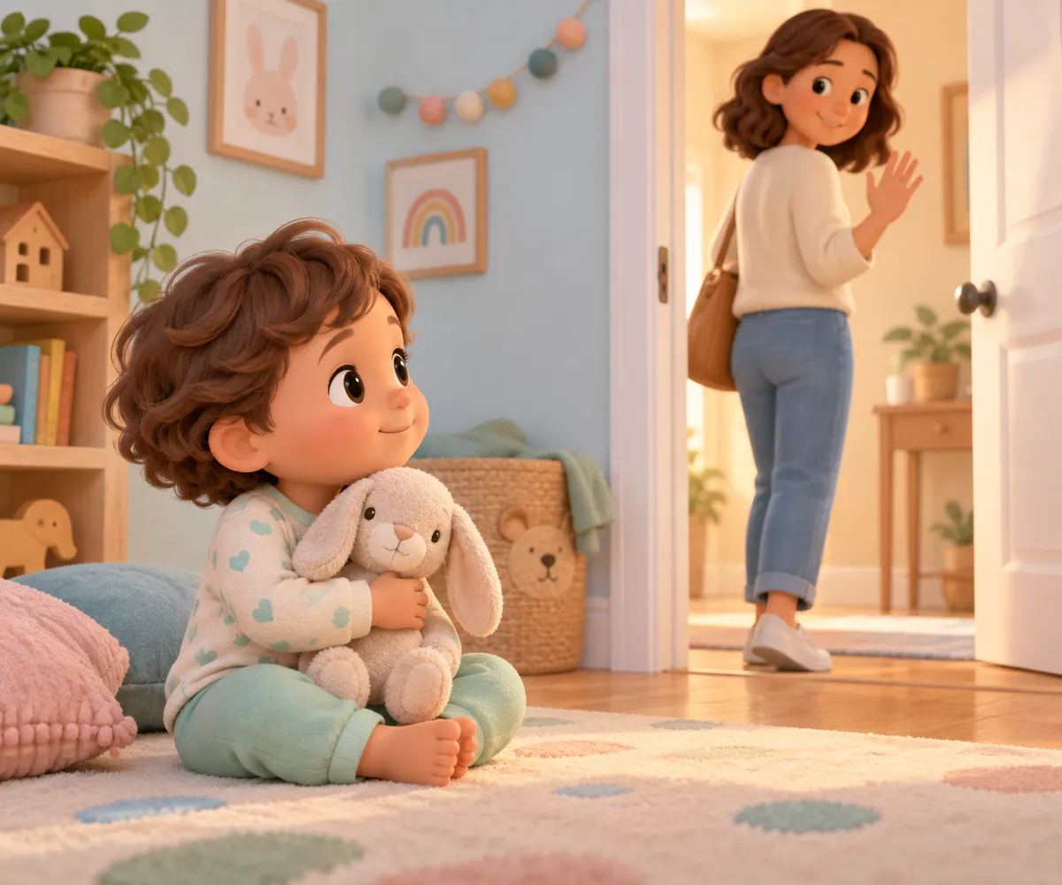 Un jeune enfant serre un lapin en peluche tandis qu’une femme quitte sa chambre en lui faisant signe