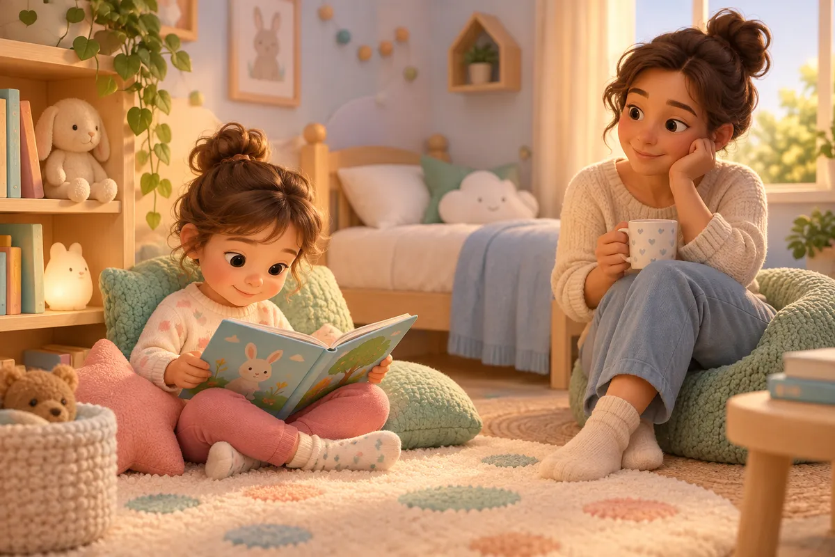 Une enfant lit un livre dans sa chambre tandis qu’une femme assise tient une tasse à ses côtés