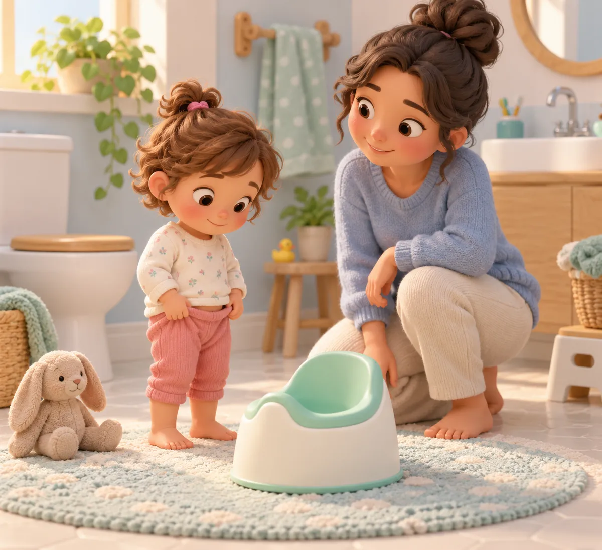 Dans une salle de bains, une mère accompagne une petite fille près d’un pot posé au sol