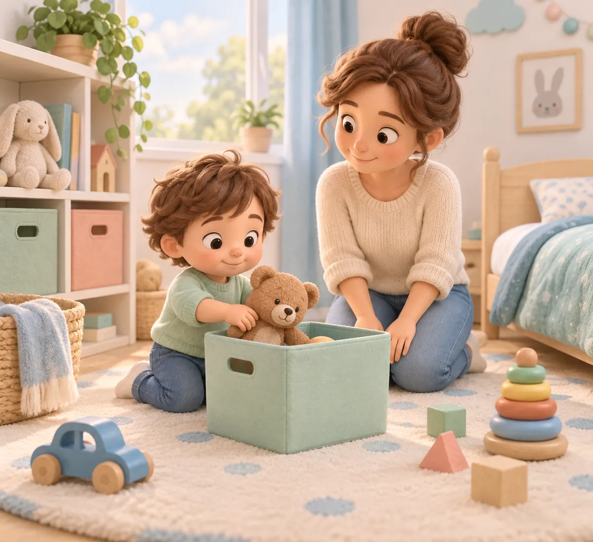 Un jeune enfant range un ours en peluche dans une boîte sous le regard d’une adulte, dans une chambre