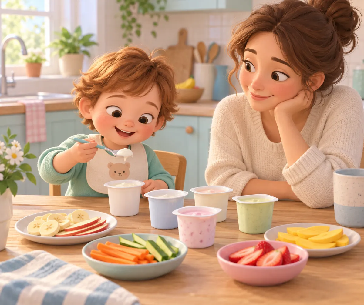 Un enfant mange un yaourt à table tandis qu’une femme l’observe, entourés de fruits et légumes