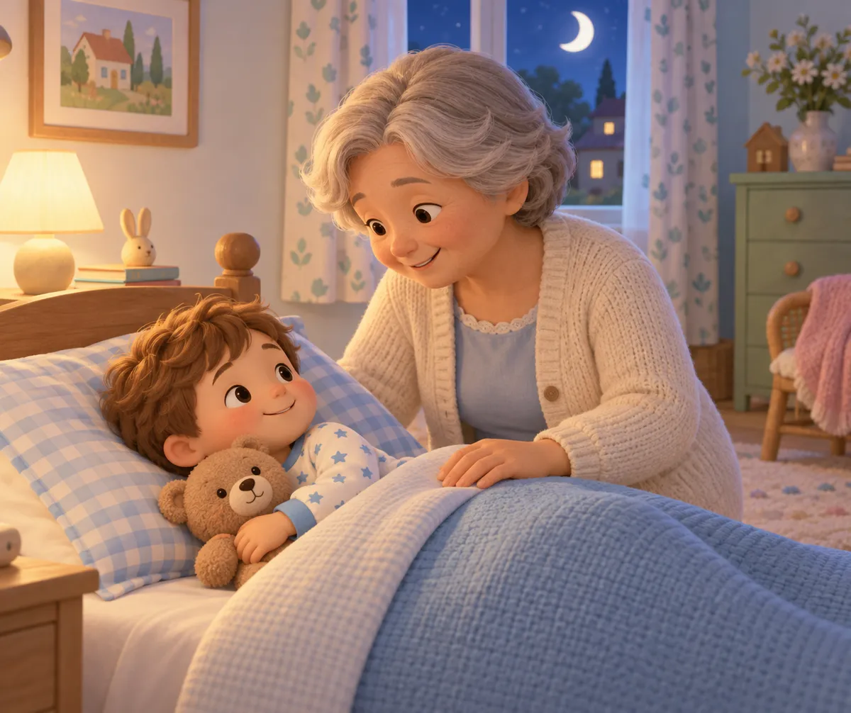 Une femme âgée borde un enfant dans son lit, avec un ours en peluche, dans une chambre éclairée la nuit
