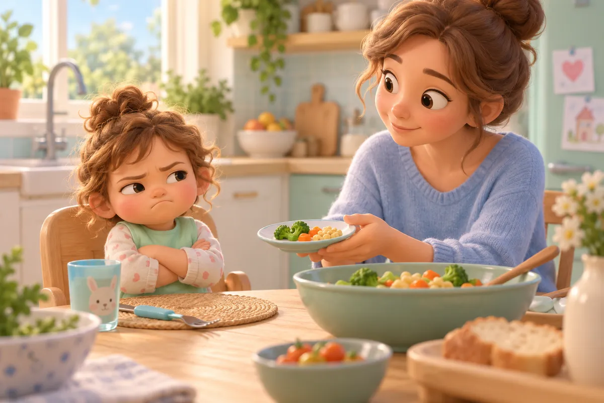 Une mère propose une assiette de légumes à une petite fille boudeuse assise à table dans la cuisine