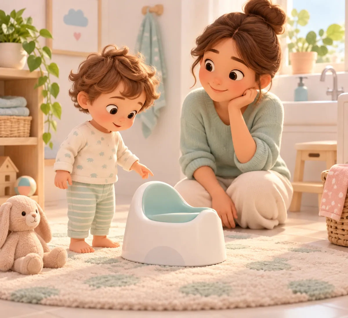 Un jeune enfant regarde un pot tandis qu’une femme est assise à ses côtés dans une chambre