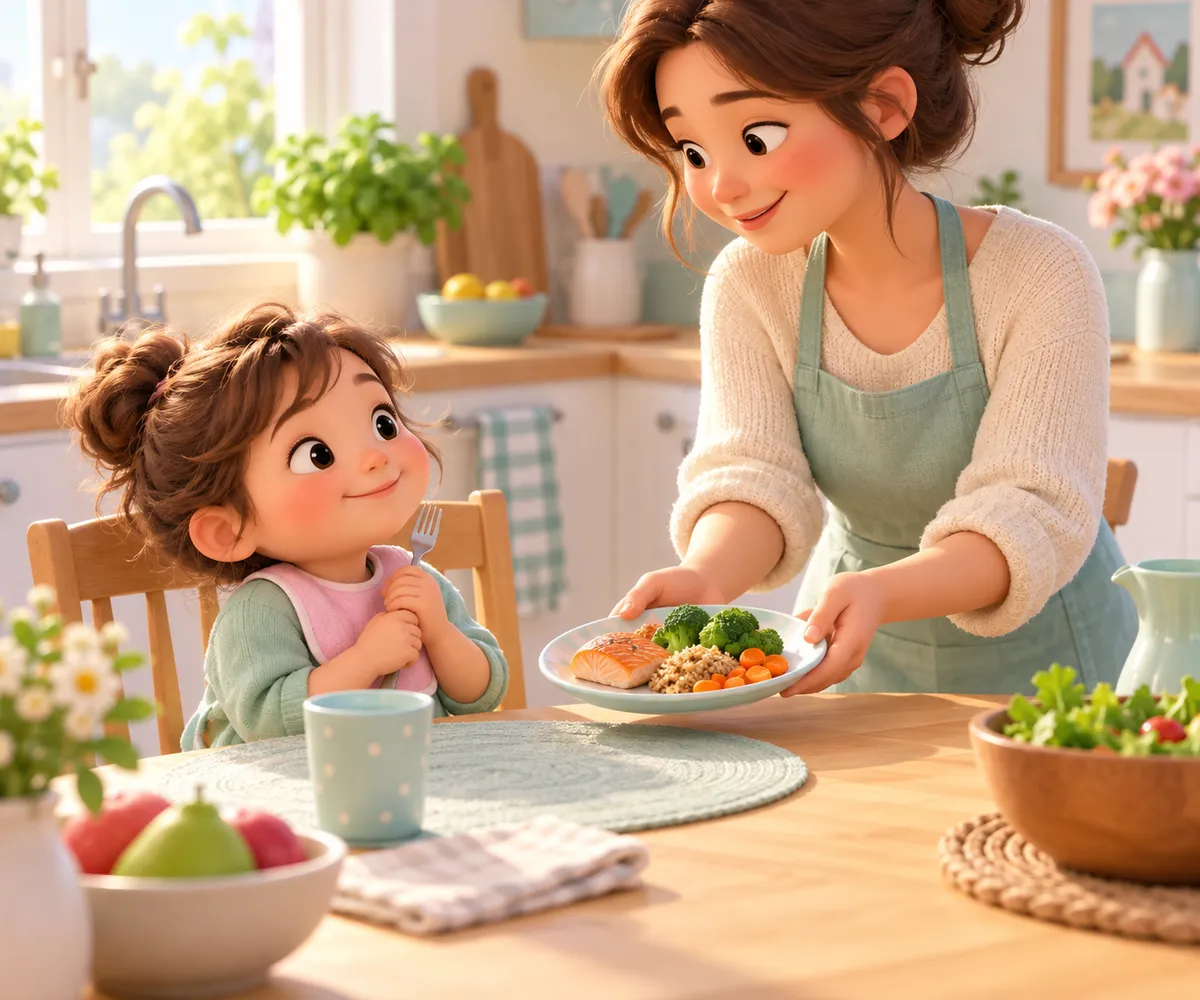 Une mère présente une assiette de saumon, riz et légumes à une fillette assise à table