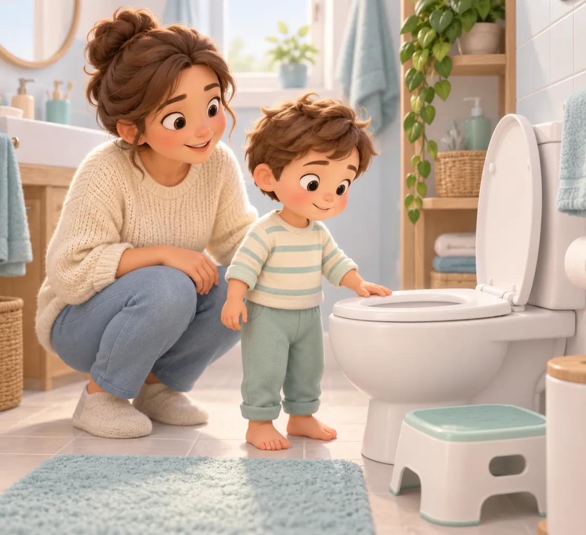 Une mère accompagne un jeune enfant devant des toilettes ouvertes dans une salle de bains