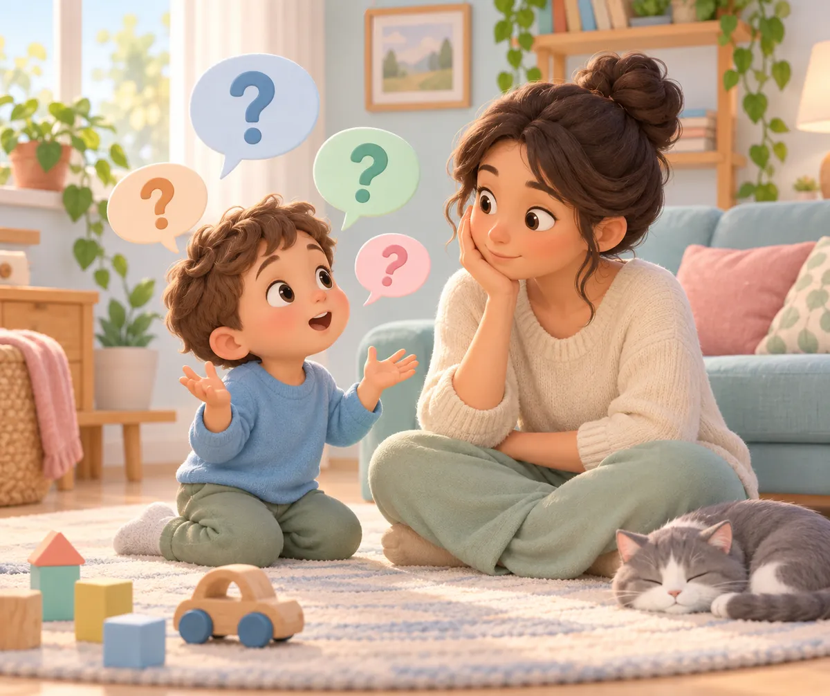 Un enfant assis pose des questions à une femme dans le salon, avec des bulles colorées et un chat endormi