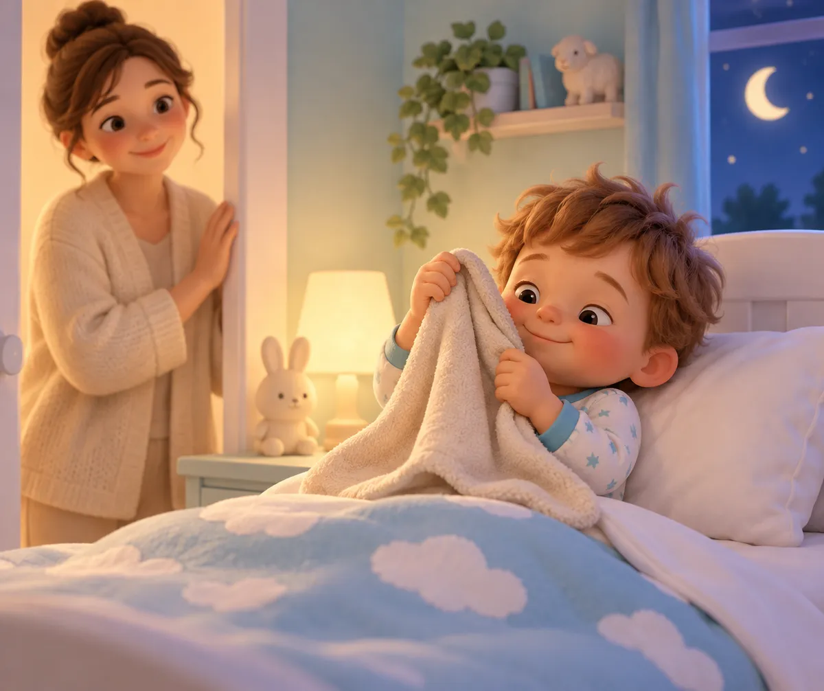 Un enfant assis dans son lit tient une couverture tandis qu’un parent l’observe depuis la porte de la chambre