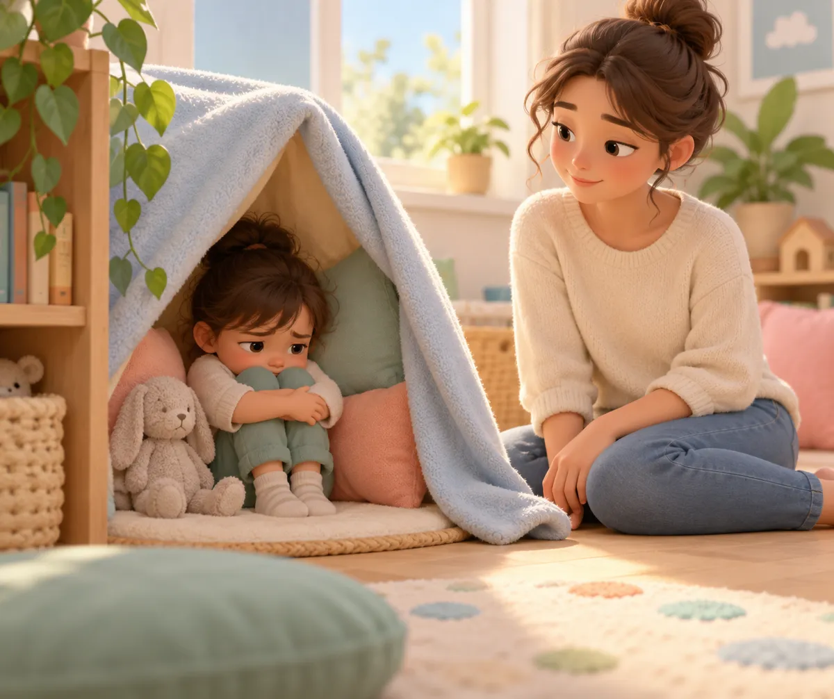 Un enfant se cache sous une couverture avec son doudou, tandis qu’une adulte reste assise près de lui