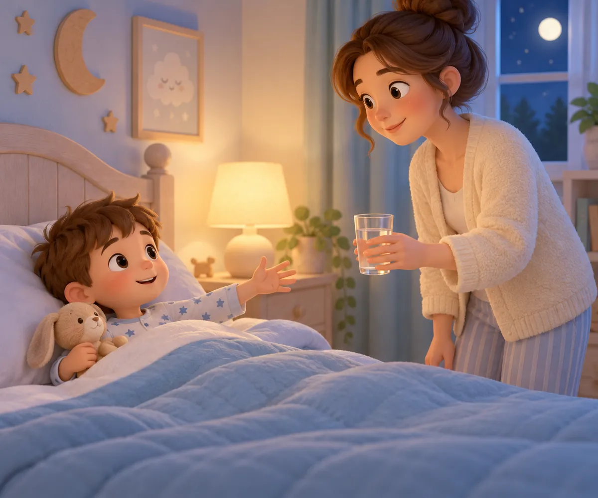 Dans sa chambre, un enfant tend la main vers un verre d’eau que lui apporte sa mère au coucher