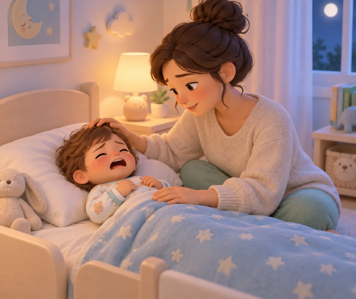 Une mère rassure son enfant qui pleure dans son lit, sous une couverture étoilée, dans une chambre la nuit
